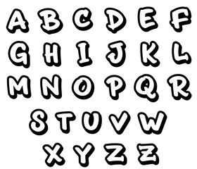 Set of comic style letters, vector comic letters, vector hand drawn comic alphabet A to Z, white letters with outline and shadow