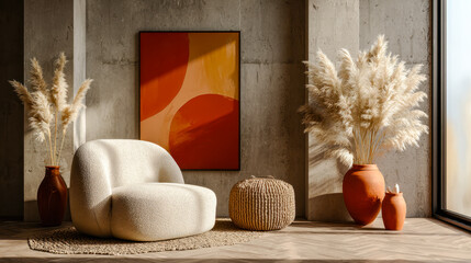 Modern cozy living room corner with pampas grass vases and abstract wall art
