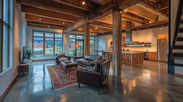 Open-concept loft with exposed beams, polished concrete floors, and a modern kitchen