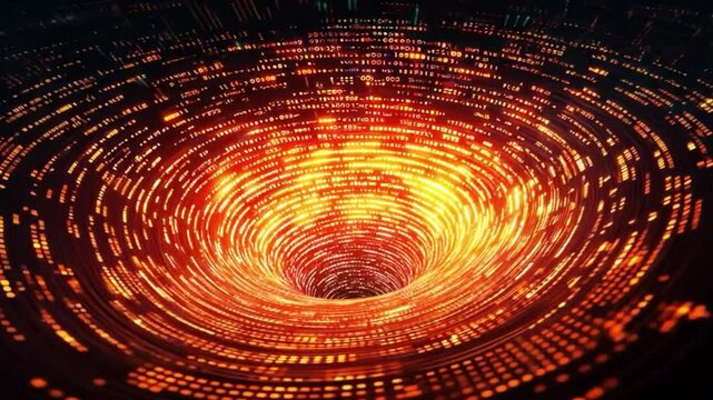 Digital vortex of glowing binary code