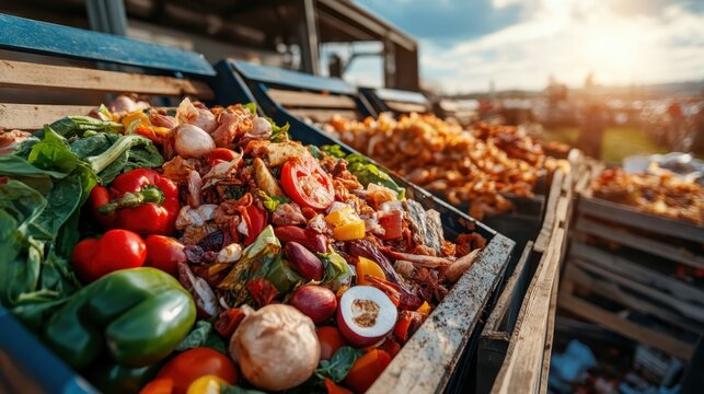 A vivid display of food waste from a market, showcasing bright vegetables and fruits, symbolizing the challenges of sustainability and consumption in modern society. - Powered by Adobe