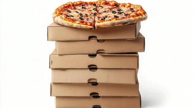 A pizza sitting on top of a stack of empty pizza boxes