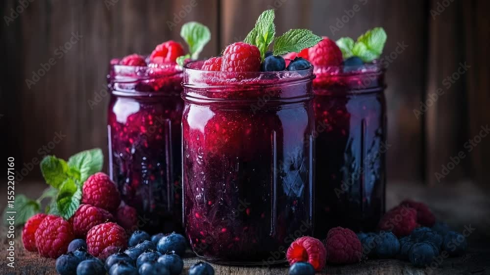 Poster a selection of fresh raspberries and blueberries arranged on a table, perfect for use in food or kit