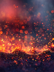 Glowing bokeh lights with fiery orange and red sparks on dark background