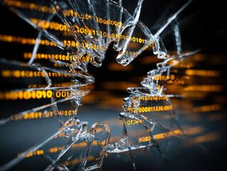 Broken glass with digital binary code reflections on a dark background