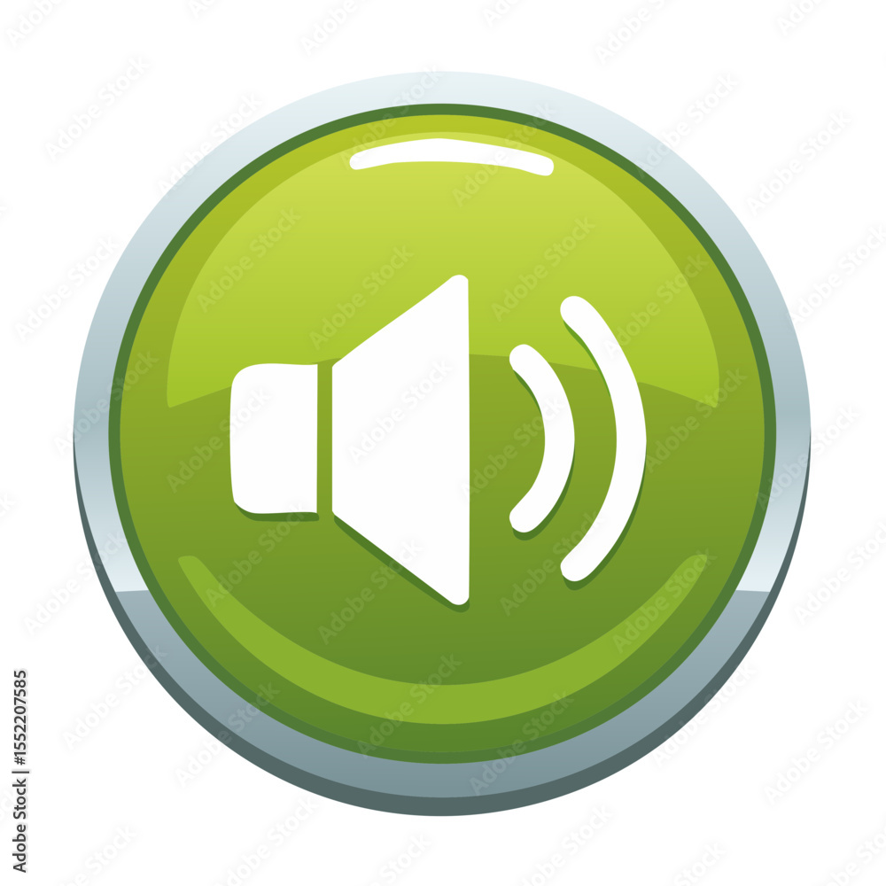 Poster glossy green button featuring white speaker icon to represent volume or sound settings in applicatio