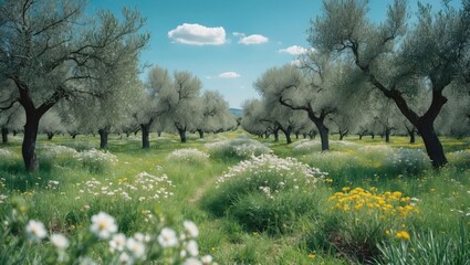 Fototapeta premium Spectacular flowering field in an olive grove with green meadows on a sunny spring day, showcasing earth's beauty with space for text.