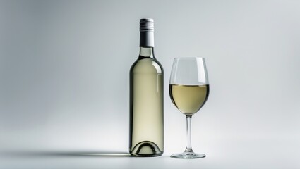 A thin bottle of white wine and a glass full of it isolated on white.