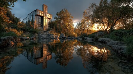 Reflection of modern architecture at sunset by a serene pond in a natural landscape