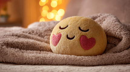 Cute plush toy with a smiling face and heart-shaped cheeks resting on a cozy blanket with warm bokeh lights in the background