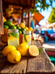Fresh lemons and lemon-infused water on rustic wooden table at an outdoor market