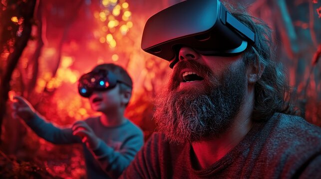 A father and child immersed in a vibrant virtual reality experience, exploring fantastical worlds together and showcasing the bond strengthened through shared technology adventures. - Powered by Adobe