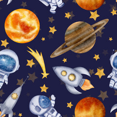 Naklejka premium Astronaut, space rockets, spaceships, stars, Sun. Saturn. Venus, shooting star, clouds, seamless pattern. Watercolor digital illustration. Cute for the kids design, decoration of clothes, textile