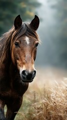 Obraz premium Dark brown horse grazing in a misty meadow during early morning light in a peaceful countryside setting