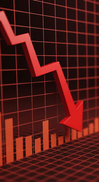 Red arrow pointing down on a dark red grid chart, showcasing a negative trend, symbolizing decline, loss, or market downturn