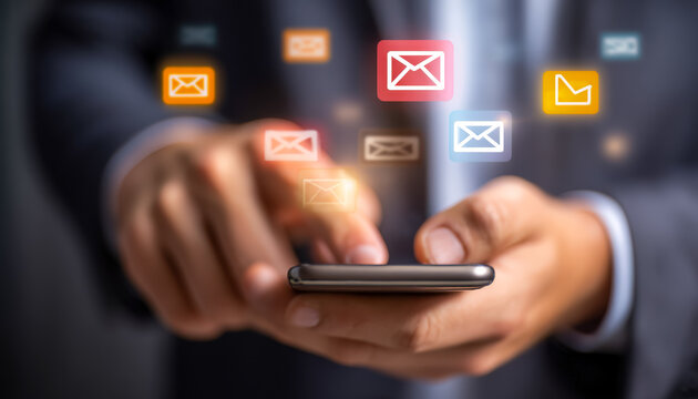 Person using smartphone to send emails with floating message icons