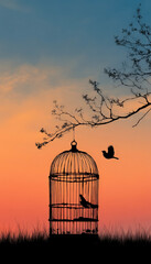 Silhouetted birdcage hanging from tree branch at sunset with flying bird background
