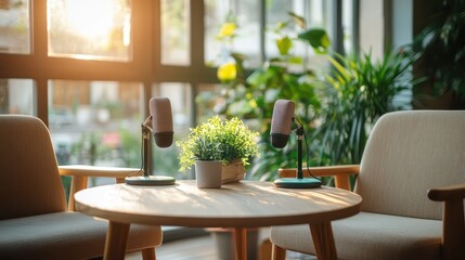 A serene podcast setup featuring two microphones, a small potted plant, and warm lighting, perfect for creating an inviting atmosphere for recording and conversations.