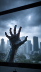 A hand reaching up through a window during a stormy day with dark clouds and city buildings in the background