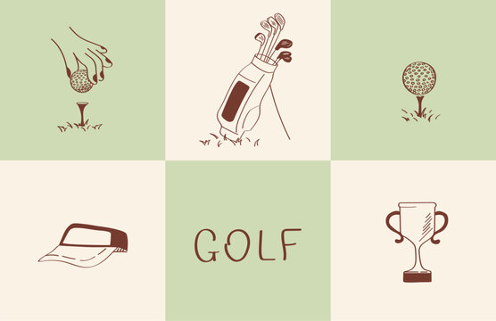 A collection of 6 golf icons: ball, trophy, cap, bag and putting green in doodle style. Perfect for infographics, social posts, presentations or branding kits.