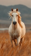 Obraz premium Majestic white horse galloping through golden grass under a soft sunset sky in a serene landscape