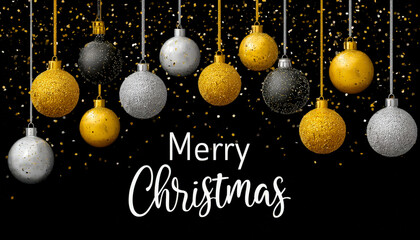 Festive hanging ornaments with a "merry Christmas" message on a black background