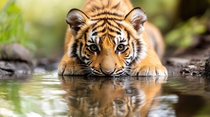 Fototapeta premium A mesmerizing tiger cub gazing at its reflection in the water, representing the raw beauty of nature and wildlife, ideal for projects focused on conservation and animal themes.