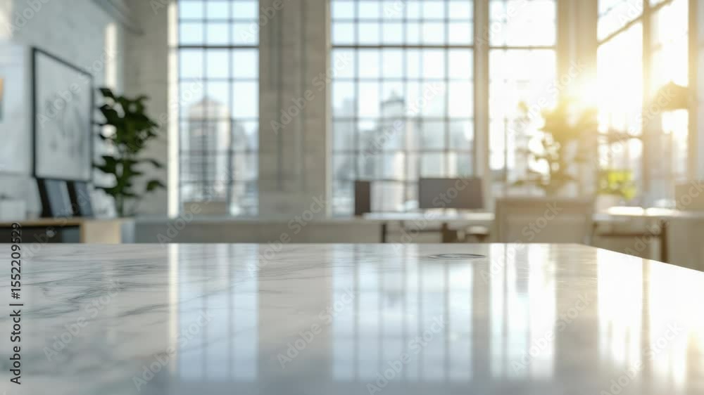 Poster a simple yet elegant white marble table top with a window in the background, perfect for decorating 