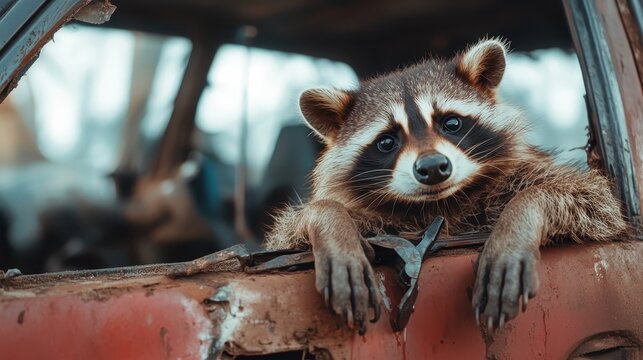 A charming raccoon peeking out from an old, abandoned car, embodying curiosity and resilience in a touch of nature reclaiming urban spaces.