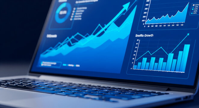 Laptop screen displays blue graphs, charts, and data visualizations, symbolizing business growth, analysis, and financial success