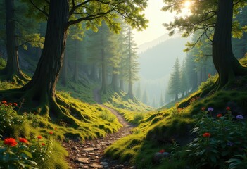 epic mountain trails lush green forest scenic pathways nature wilderness hiking adventure, landscape, scenery, pine, ecosystem, terrain, foliage, flora