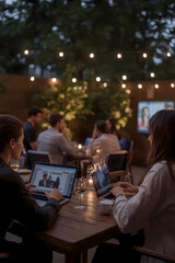 Team of professionals working on laptops at outdoor evening meeting with warm lights and relaxed atmosphere