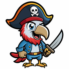 Cute cartoon parrot pirate holding a cutlass sword and wearing a tricorn hat