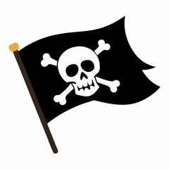 A classic black pirate flag with a white skull and crossbones waves
