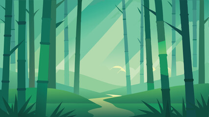 Tranquil bamboo forest illustration with serene landscape and green hues