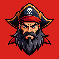 Fierce pirate captain with skull and crossbones hat and long beard