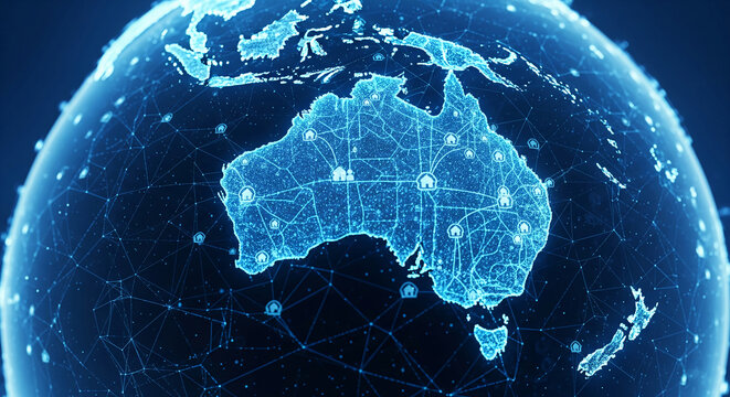 Digital globe showcasing Australia's interconnected network, representing global connectivity and digital infrastructure, ideal for technology or real estate concepts - Powered by Adobe