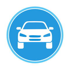 White car front view icon on blue circle. Transportation design element for mobile app or website. Modern car symbol.