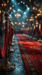 Luxurious red carpet entrance with velvet ropes and elegant chandeliers in a grand hall