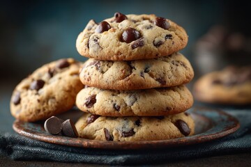 A stack of freshly baked chocolate chip cookies sits on a rustic wooden plate, highlighting their golden brown color and rich chocolate pieces