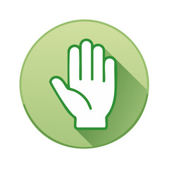 Obraz premium White hand icon inside a green circle with long shadow, gesture sign, palm, fingers