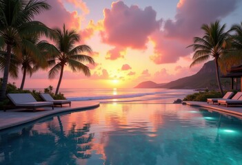 infinity pool tropical coastline retreat serene horizon ocean view paradise relaxation, sky, landscape, water, reflection, mountain, beach, cloud, sunset