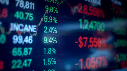 Stock exchange market chart, Stock market data on LED display. Business analysis concept, A close-up, selective focus shot of a digital stock market or financial data screen.