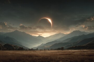 A stunning eclipse casts a shadow over rugged mountains as the sun sets, illuminating the landscape with warm golden hues