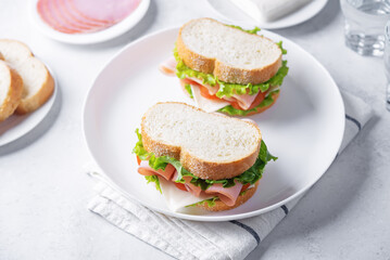 Sandwich with ham, cheese and lettuce on a white background