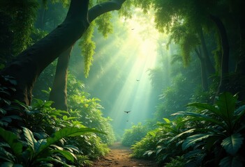 Obraz premium lush green canopy exotic leaves vines nature jungle forest overgrowth abundant flora tropical wilderness, foliage, vegetation, woods, shrubbery, underbrush