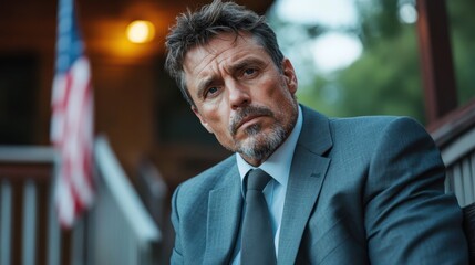Obraz premium A serious-looking man in a tailored suit contemplates life on a rustic porch, with an American flag subtly positioned in the background, adding depth to the scene.