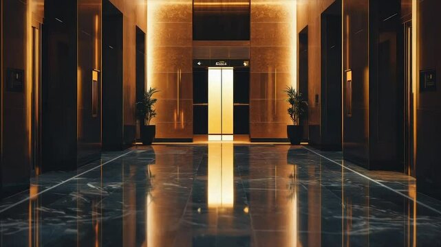 Elegant lobby with marble floor, gold walls, and elevators
