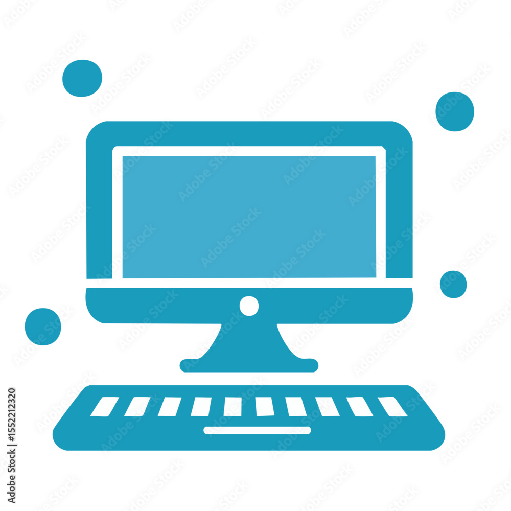 Poster blue computer setup desktop screen with keyboard icon for digital information technology illustratio