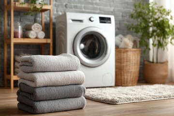 Freshly laundered towels of various shades are neatly stacked near a washing machine in a warm and inviting laundry space